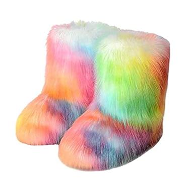 Imagem de TangDao Botas coloridas de pele sintética para mulheres, felpudo, felpudo, bico redondo, camurça, inverno, confortável, pelúcia, quente, curto, botas de neve, botas de cano médio para