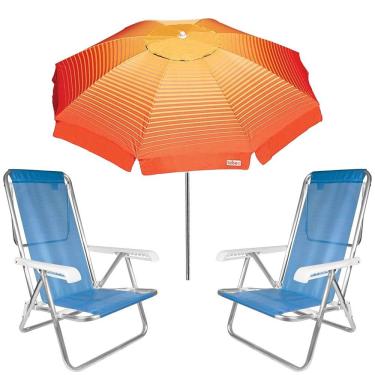 Imagem de Kit Guarda Sol 2,2m Articulado Cancun Laranja Cadeira 8 Posições Alumínio Sannet Praia Piscina Camping