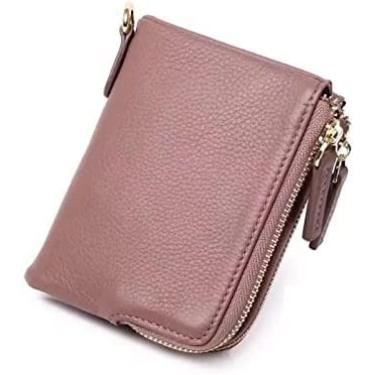 Imagem de Carteira feminina pequena de couro genuíno com zíper bolsa de moeda curta de luxo bolso duplo, rosa escuro, 12x2x9cm, atualizado1