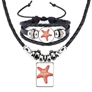 Imagem de Conjunto de joias de pulseira de couro com ilustração vermelha Starfish Marine Life