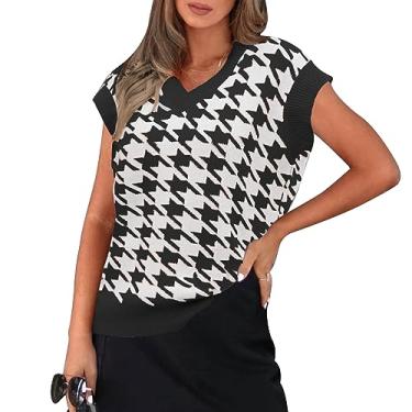 Imagem de Colete Jumpers para Mulheres Houndstooth Sem Mangas Camisola Com Decote Em V Colete de Malha Outono Inverno Solto Pulôver Colete Camisola (Preto)