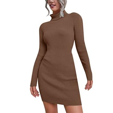 Imagem de Vestido suéter de gola rolê para mulheres outono colado ao corpo vestido suéter de inverno manga longa tricotado, Marrom, M