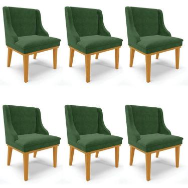 Imagem de Kit 6 Cadeiras Estofadas Para Sala De Jantar Base Fixa De Madeira Castanho Lia Suede Verde - Ibiza