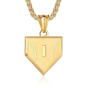 Imagem de Colar com inicial A-Z para meninos, aço inoxidável, com pingente de escudo de letras, corrente de 52 + 5 cm inspiradora de beisebol, joia de presente para homens, Ouro, Sem Pedra Preciosa