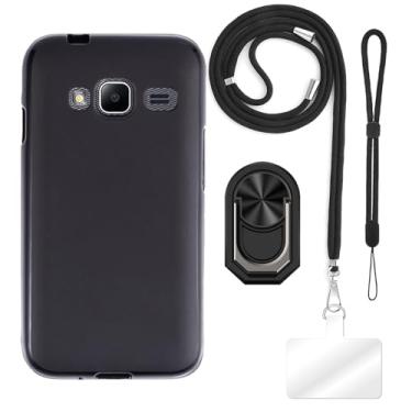 Imagem de Capa projetada para Samsung Galaxy J1 Mini Prime (10 cm) + cordão ajustável transversal e pescoço, alça de pulso macia e suporte de anel de dedo estilo mecha com suporte