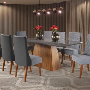 Imagem de Mesa de Jantar Retangular 200x90 Haven com 8 Cadeiras em Madeira Maciça Topazio Mel/Grafite/Linho. Inox/Chumbo