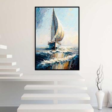 Imagem de Quadro com Moldura Pintura Barco Céu Azul Vertical Arte Decorativo Gra