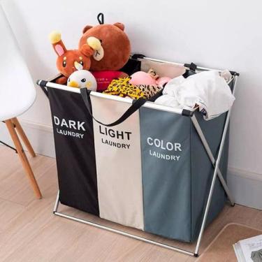Imagem de Cesto De Roupa Organizador Com 3 Divisórias Dobrável Cor Cinza/Branco/