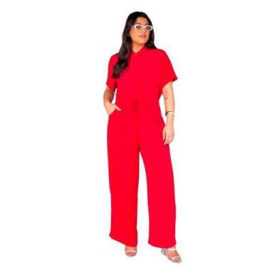 Imagem de Macacão Plus Size Longo Liso Feminino Elástico na Cintura Colarinho e 