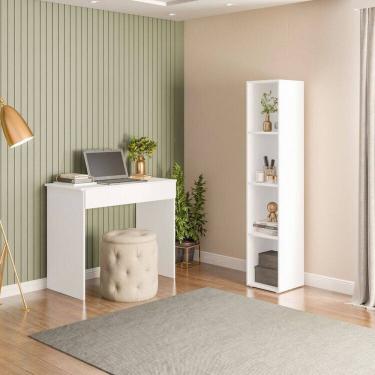 Imagem de Conjunto 1 Mesa Escrivaninha 1 Gaveta Sevilha e 1 Estante Livreiro Modular 4 Nichos Delta Branco