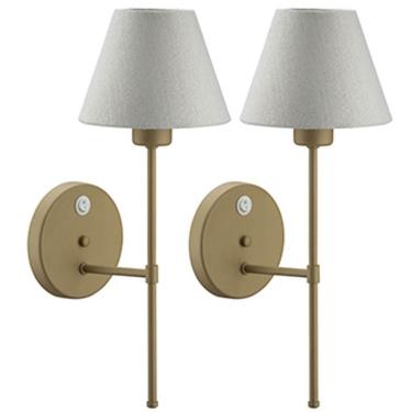 Imagem de Kit 2 Abajures de Parede Dourados com Interruptor Arandelas Internas Tecido Natural Quartos Cabeceiras