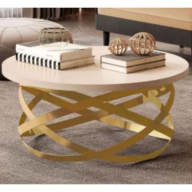 Imagem de Mesa Centro Trançada Redonda Pérola Com Pés De Ferro Dourado 8045 Cor 