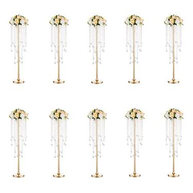 Imagem de Vasos altos de mesa de casamento para mesas - Vaso de flor de ouro de 75 cm com cristal de lustre, decorações de mesa de centro, suporte de flor de metal para casamento, recepção, festa, eventos, 10 peças
