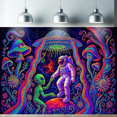 Imagem de Starlit Patio Tapeçaria de Astronauta Alienígena Luz Negra UV Psicodélico Reativo Parede Espaço Brilhante Arte OVNI para Quarto Dormitório Trippy Decoração de Quarto Fluorescente Visionário Poster 188