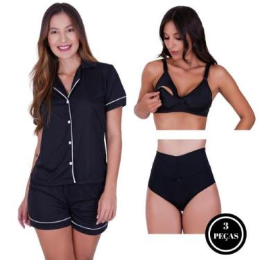 Imagem de Pijama Americano com Botões + Sutiã Amamentação Liso + Calcinha Cós Al