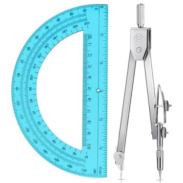 Imagem de EBOOT Conjunto de matemática de geometria estudantil, bússola de desenho e transferidor de braço oscilante de 15 cm transferidor de matemática de 180 graus (azul)