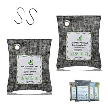 Imagem de Sacos de carvão de bambu para absorção de odores, 2 pacotes de sacos desodorizador de carvão de 100 g com ganchos, sacos de purificação de ar de carvão vegetal natural Carvão ativado, absorvedores de