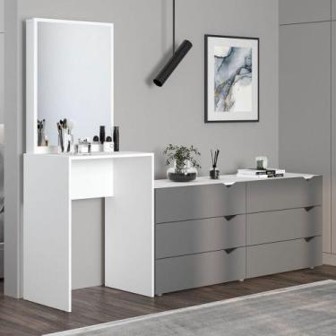 Imagem de Cômoda Porto 6 Gavetas com Espelho Cinza/Branco - Politorno, Cinza Cla