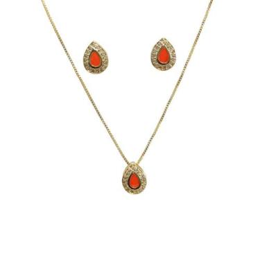 Imagem de Conjunto Brinco e Colar de Gota Laranja Semi Joia Banhado Ouro 18k - S