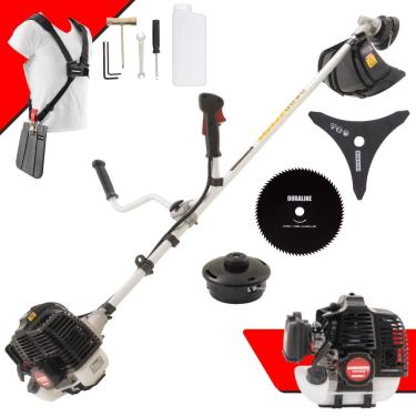 Imagem de Roçadeira À Gasolina KW52-LE Kawashima 2 Tempos 52cc 2,5HP Alta Rotação Cortador de Grama Completo Com Carretel Nylon + Faca 3 Pontas + Faca 80 Dentes