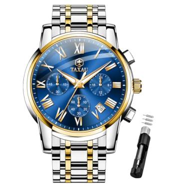 Imagem de Taxau Relógio masculino masculino à prova d'água, luxuoso, cronógrafo, de aço inoxidável, analógico, quartzo, com data, multifunções, número romano, luminoso, reloj para Hombre, Relógio de dois tons -
