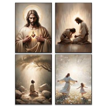 Imagem de Godont 4 peças de pôsteres religiosos do coração sagrado Jesus e mulheres arte de parede e menina dançando tela Jesus oração fotos bíblia cristã decoração de parede 8x10 sem moldura