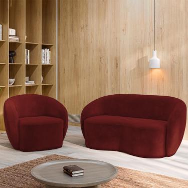 Imagem de Conjunto 1 Sofá Living 160cm e 1 Poltrona Decorativa Sala de Estar Íbis Encosto Fixo Veludo Bordô G33 - Gran Belo