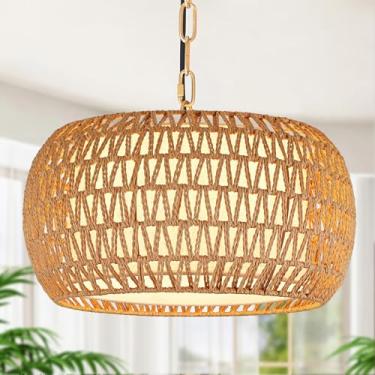 Imagem de AyshwillDec Lustres De Fazenda De Vime De 18" Para Sala De Jantar, Lustre De Vime Trançado À Mão De 3 Luzes, Lustre Boho De Sombra Farbic, Luminária Pendente, Lustre De Tambor, Luzes Suspensas Para