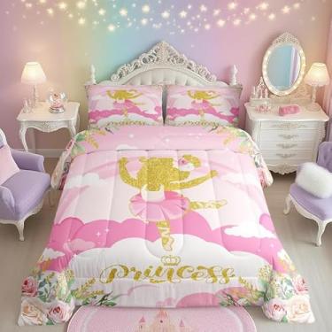 Imagem de Conjunto de edredom infantil de princesa de balé, fofo, silhueta dourada, rosa, feminino, para decoração de quarto, céu sonhador, nuvem, com 2 fronhas