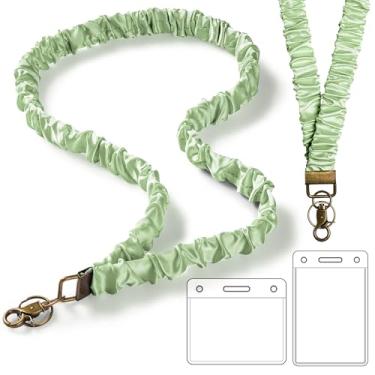 Imagem de Cordão Scrunchie com porta-crachás de identificação para mulheres, cordões elásticos para professores, cordão de pescoço fofo para chaves (verde grama)