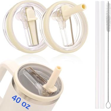 Imagem de Pacote com 2 tampas Stanley à prova de vazamento de 1,134 g para acessórios de copo Quencher H2.0, creme, tampa flip à prova de vazamento com canudo para copos Stanley 1,134 g, tampa de copo sem BPA