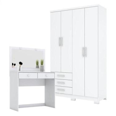 Imagem de Guarda Roupa Solteiro Caju 4 Portas E Penteadeira Daila Com Led Branco