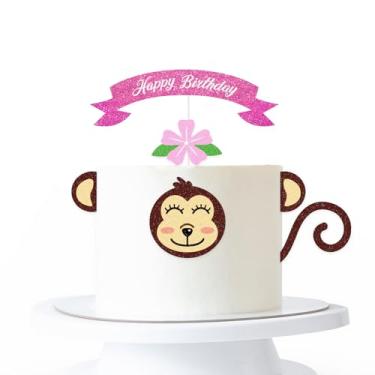 Imagem de Monkey Happy Birthday Cake Topper,Monkey Nose Ears Cake Decor Set,Jungle Safari Animal Themed Party Decoration for Baby Shower Kids Birthday,Zoo Animals Cake Decor