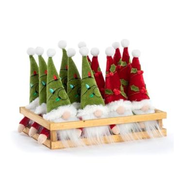 Imagem de Napco Imports 53195 Gnomo de conto de fadas vermelho e verde, 19 x 12 x 5 cm cada, enfeites de Natal colecionáveis de tecido de poliéster de malha, decoração de casa de férias, conjunto de 2 peças