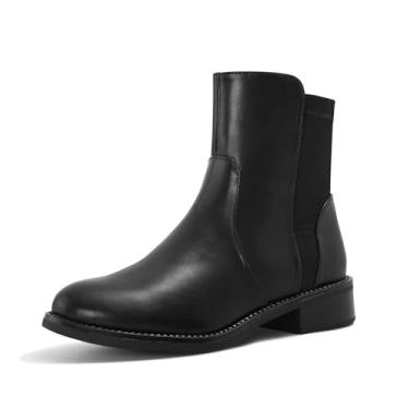 Imagem de Shoe'N Tale Botas de cano curto femininas com bico redondo baixo e grosso, salto bloco, zíper lateral, Preto PU, 36