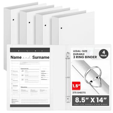 Imagem de Henoyso 4 fichários de tamanho ofício, 3 anéis, fichários brancos duráveis de 3,8 cm para papel de 21,6 cm x 35,5 cm, comporta até 175 folhas para documentos, arte, escritório, casa, locais de