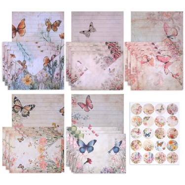 Imagem de Conjunto de cartas e envelopes coloridos vintage, papel de papelaria de borboleta floral, 30 peças, 15 envelopes coloridos, 20 adesivos redondos para escrever cartas