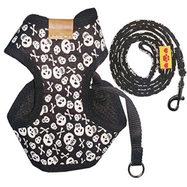 Imagem de WENFVVIN Conjunto de arnês para cães e chumbo longo, padrão de caveira para chihuahua filhote Yorkie (M)