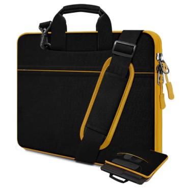 Imagem de Bolsa de ombro para laptop de 15,6 polegadas, durável, à prova de choque, com vários bolsos e alça compatível com a maioria dos notebooks de 15,6 polegadas, preto e amarelo