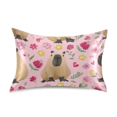 Imagem de Fronhas refrescantes estampadas coloridas padrão king queen fronhas de cetim decoração de cama queen size 76.2 cm x 50.8 cm lindas capivaras flores rosa