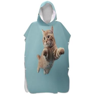 Imagem de Joisal Poncho de surfe vestível trocador roupão adulto praia banho toalhas com capuz gato engraçado gatinho fofo azul masculino poncho com capuz