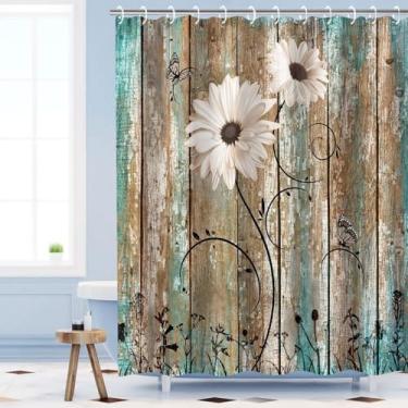 Imagem de RosieLily Cortina de chuveiro rústica, floral, tecido de madeira de celeiro, 12 ganchos, porta de garagem de madeira antiga, estilo fazenda, estilo fazenda americana, 192 cm, cortina de chuveiro