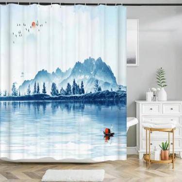 Imagem de Cortinas de chuveiro estilo paisagem com tinta chinesa, padrão de cenário, impermeável, tecido de poliéster, cortina de banho lavável para banheiro 165 x 214 cm/LxA, resistente a mofo