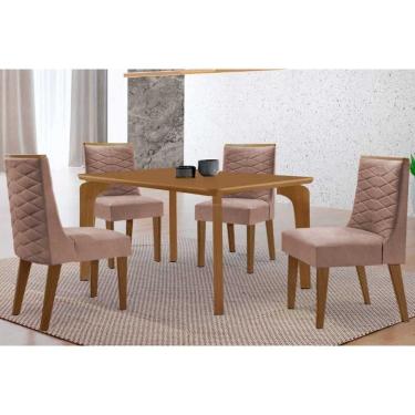 Imagem de Sala Jantar Mesa Londrina Tampo Curvo 120cm+4 Cadeiras Dafne Madeira Naturale - Capuccino/Linho Capuccino - Rufato