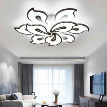 Imagem de Luminária de teto LED moderna, dimerizável com controle remoto, design criativo em formato de pétalas, iluminação interna em acrílico para sala de estar, quarto, sala de jantar e escritório