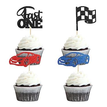 Imagem de Kaakswa Pacote com 24 topos de cupcake de carro de corrida, topo de cupcake rápido com glitter para menino, aniversário, corrida, tema de carro, bandeira de troféu, suprimentos de decoração de festa