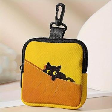 Imagem de Bolsa com zíper com estampa de gato preto amarelo - carteira pequena de poliuretano e capa para fone de ouvido, porta-cartões compacto unissex, porta-moedas, design fofo com estampa de animal