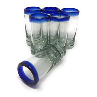 Imagem de Copos de shot de tequila mexicana soprados à mão – Conjunto de 6 copos de shot de tequila com aro azul cobalto (56,7 g cada)