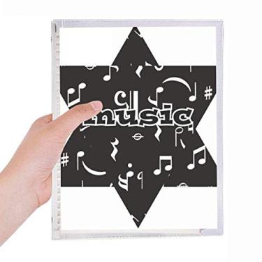 Imagem de Caderno branco com barra de música e notas preto com folhas soltas para diário recarregável