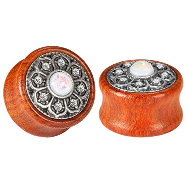 Imagem de KUBOOZ (1 par de alargadores de orelha de flor central opala vintage de madeira calibre alargadores